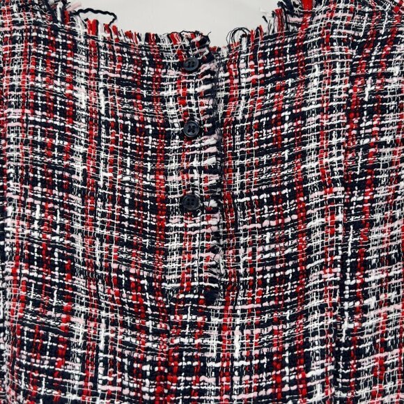 ZARA Tweed Plaid Top with Navy Sheer Chiffon Sleeves Size L - Picture 3 of 10